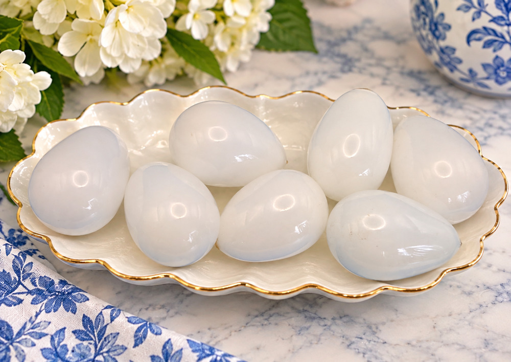 Handblown White Glass Eggs Set of 7 Decorative Bowl Fillers Art Glass 2.5”